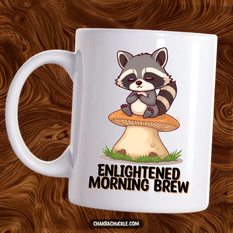 Funny Raccoon Mug: A mischievous raccoon meditates serenely on a giant mushroom, eyes twinkling with playful wisdom and a hint of mischief.