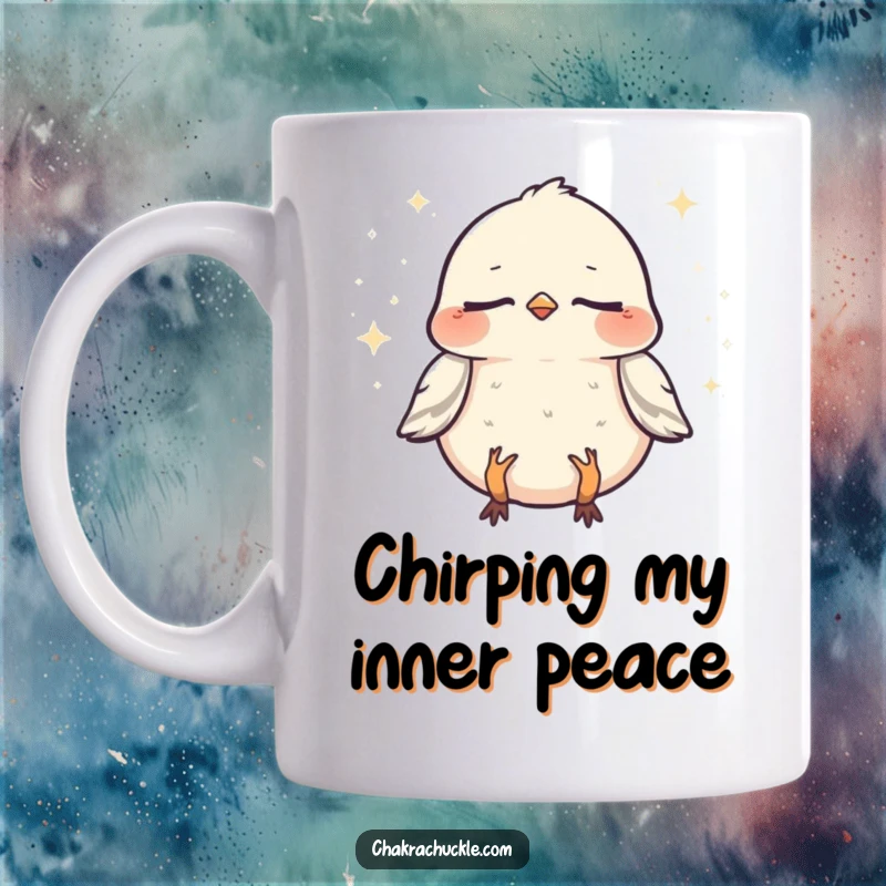 Funny Sparrow Meditation Mug: A chirpy sparrow finds bliss in Zen, surrounded by sparkles, bringing a humorous touch of peace.