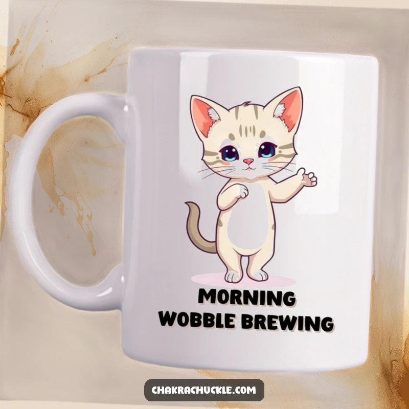 Funny Wobbly Kitten Mug attempting Tree Pose with intense concentration, showcasing feline yoga struggles.