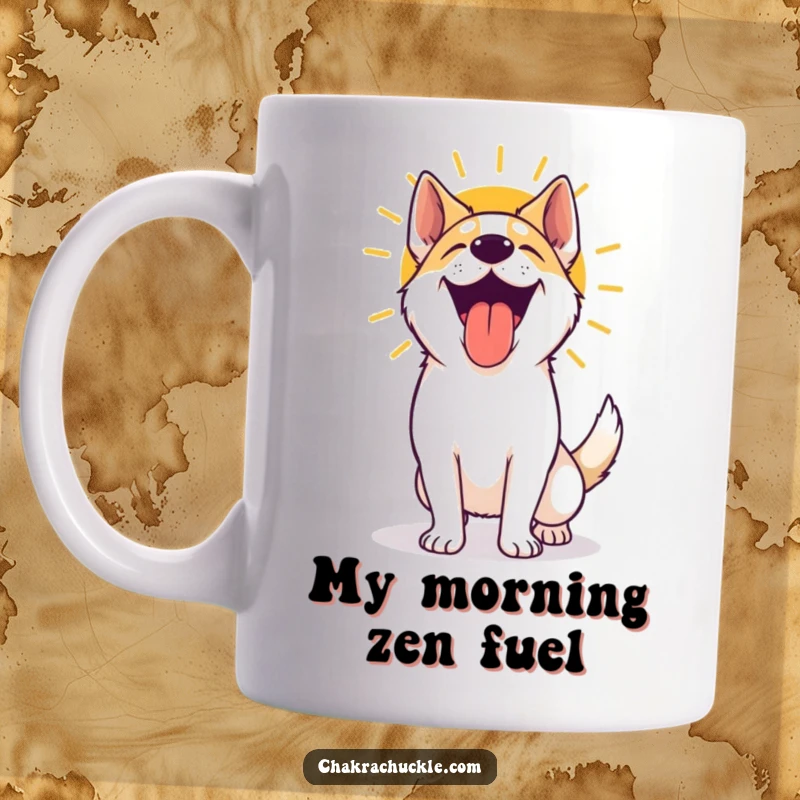Funny yoga dog mug featuring an excited, panting dog in a happy pose after completing a sun salutation, radiating pure joy.