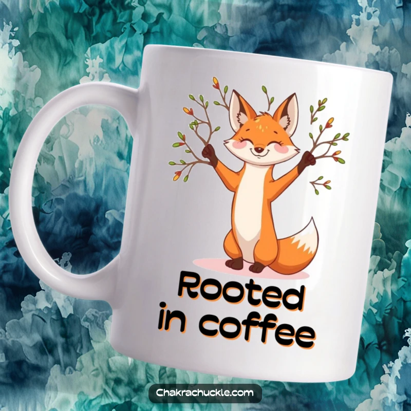 Funny smiling fox mug in a graceful tree yoga pose, with branches reaching out peacefully.