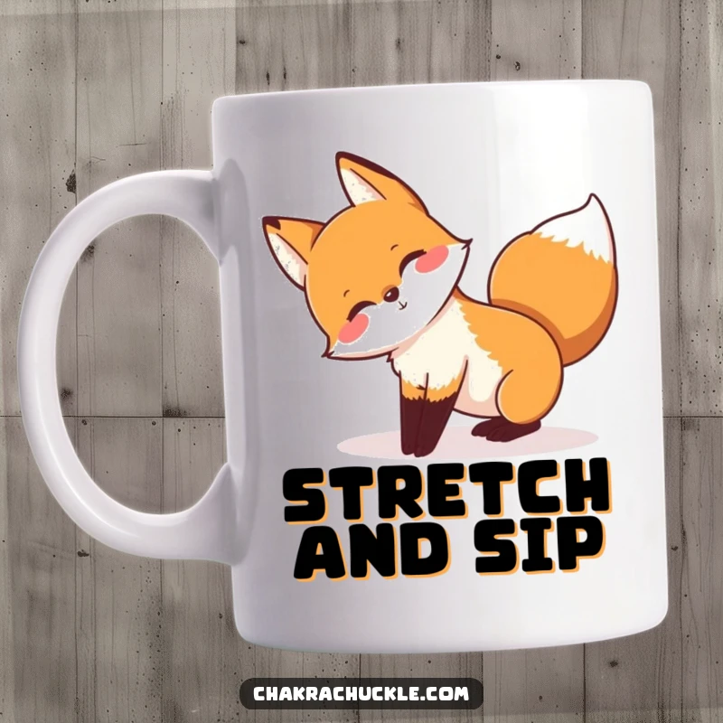 Funny mug showing a playful fox stretching in a downward-facing dog yoga pose with its tail wagging joyfully.
