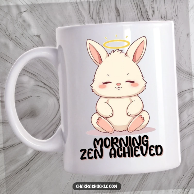 Funny mug featuring a fluffy bunny meditating in a lotus pose, eyes closed peacefully, with a subtle halo above its head.