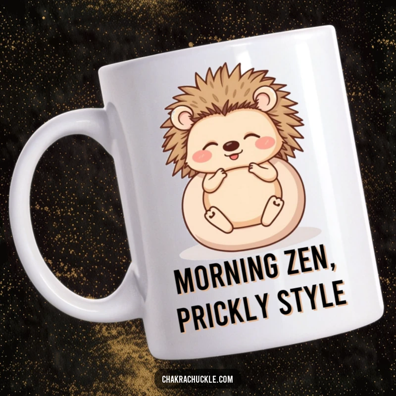 Funny mug featuring a happy hedgehog curled into a ball, meditating peacefully with eyes closed, conveying zen humor.