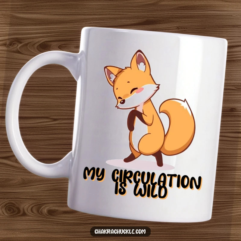 Funny fox yoga mug featuring a curious fox playfully chasing its tail in a pretzel pose, exuding joy and silliness.