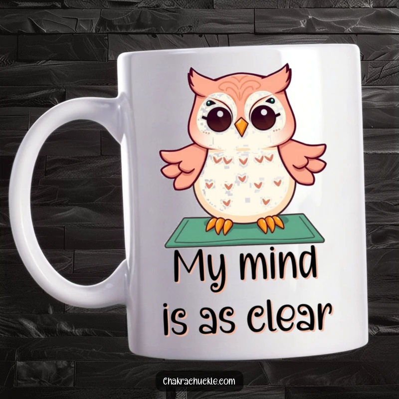 Funny mug featuring a giggling owl meditating serenely above a yoga mat, eyes twinkling with joy, perfect for yoga enthusiasts.
