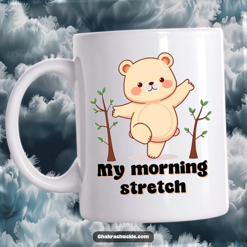 Funny mug featuring a chubby bear in a comical one-leg stand, arms like branches, showcasing its awkward yet determined yoga attempt.