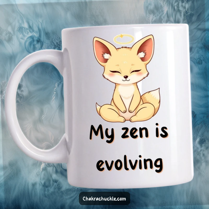 Funny Fennec Fox in lotus yoga pose, eyes closed, halo shimmering, meditating peacefully on a mug.