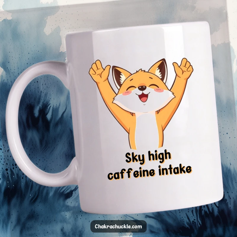 Funny Morning Fox Yoga Mug showing a happy fox stretching its arms high, reaching for the sky with pure joy.