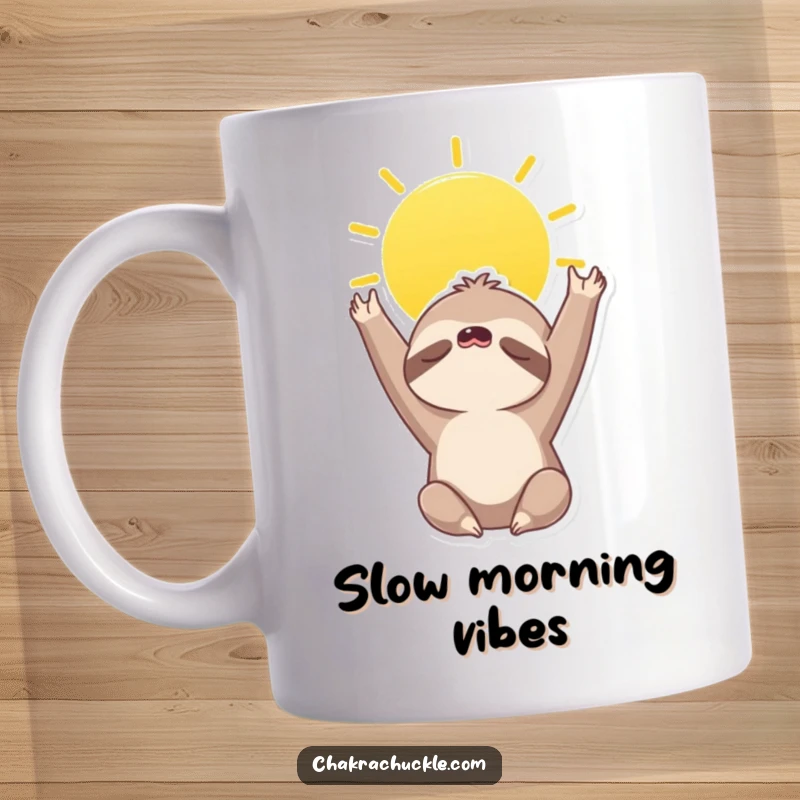 Funny mug featuring a sleepy sloth character doing a sun salutation, stretching slowly towards the sky in a peaceful yoga pose.