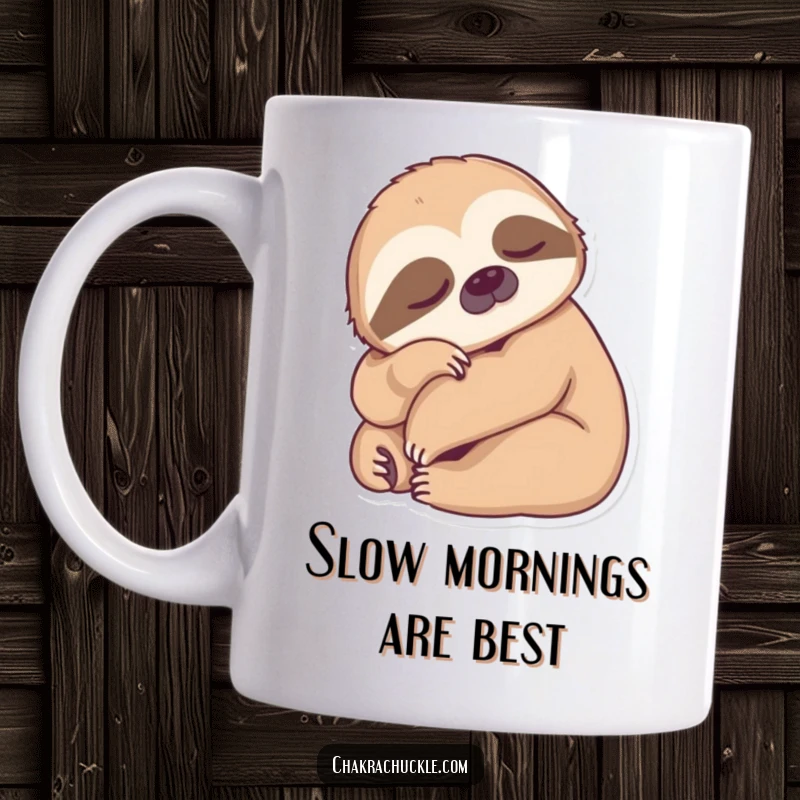 Funny Sloth Yoga Mug showing a sleepy sloth in a perfect forward fold, head resting on knees, embodying deep relaxation.