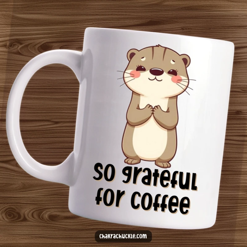 Funny mug featuring a playful otter balancing on its back, hands clasped in gratitude, embodying peaceful silliness and joy.