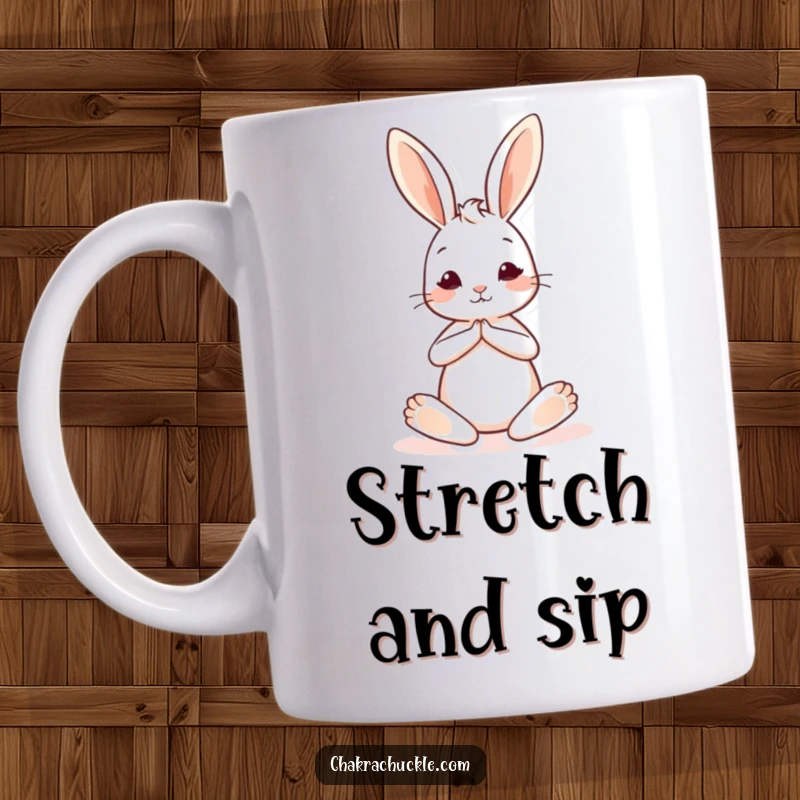 Funny yoga bunny mug showing a cute bunny in a seated pose with one leg extended, radiating peacefulness and gentle humor.