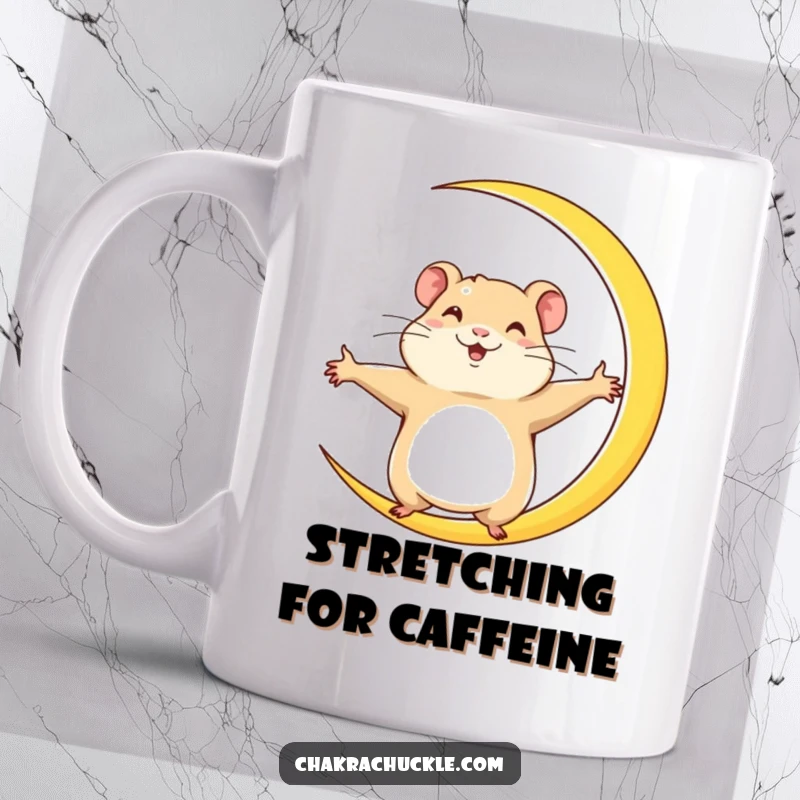 Funny Hamster Mug: A determined hamster stretches wide into a crescent moon yoga pose, showing focus and ambition with joyful energy.