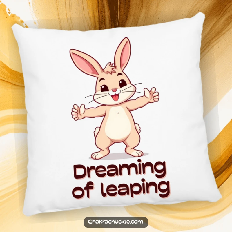 Soft funny bouncing bunny practicing a playful warrior pose, arms outstretched, on a comfortable pillow.