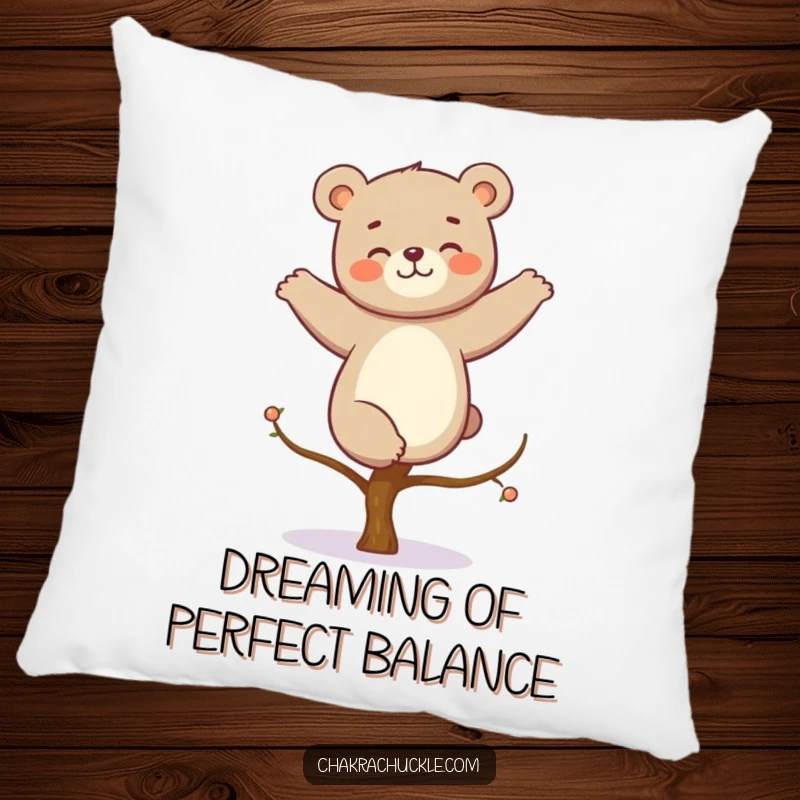 Funny kawaii bear yoga pillow, a giggling bear in a serene tree pose, offering comfort and a touch of humor.