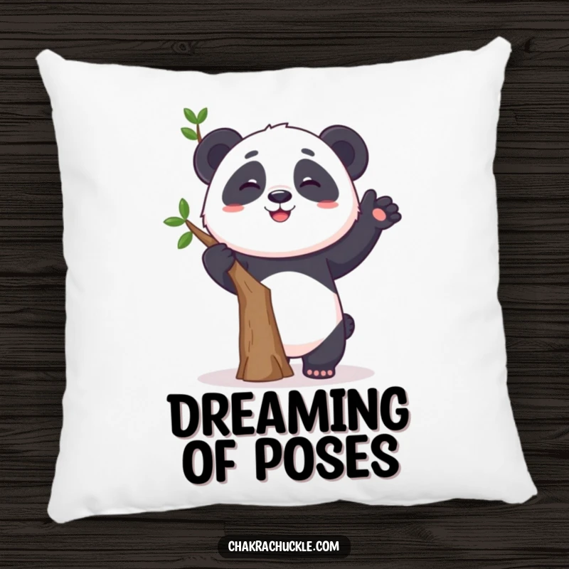 Funny pillow featuring a curious panda humorously wobbling in a tree pose with a grin, offering comfort and playful charm.