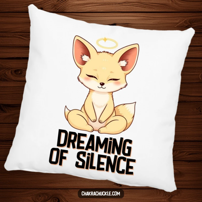 Soft funny Fennec Fox in a yoga lotus pose, eyes closed, halo, displayed on a comfortable pillow.