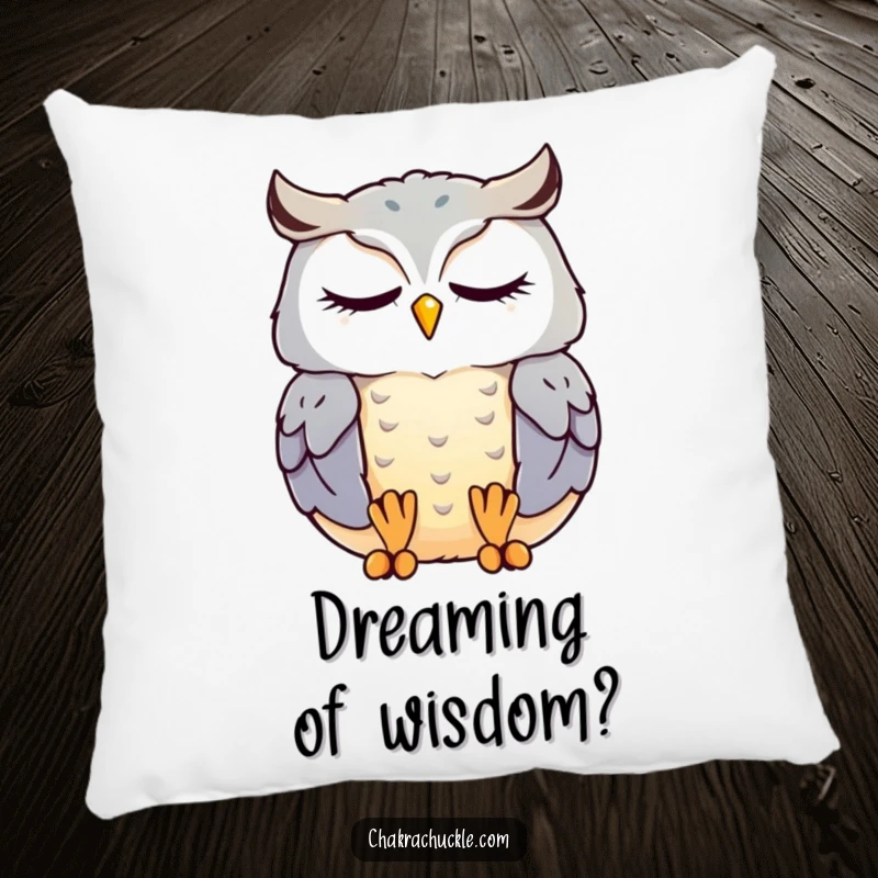 Funny kawaii owl pillow with a contented owl meditating peacefully with eyes closed, offering serene comfort.