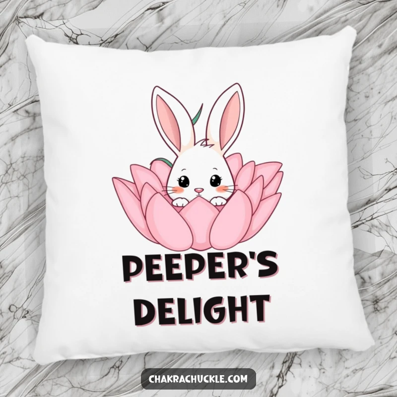 Funny decorative pillow with a curious rabbit peeking out from behind a large lotus flower, adding charm to any room.