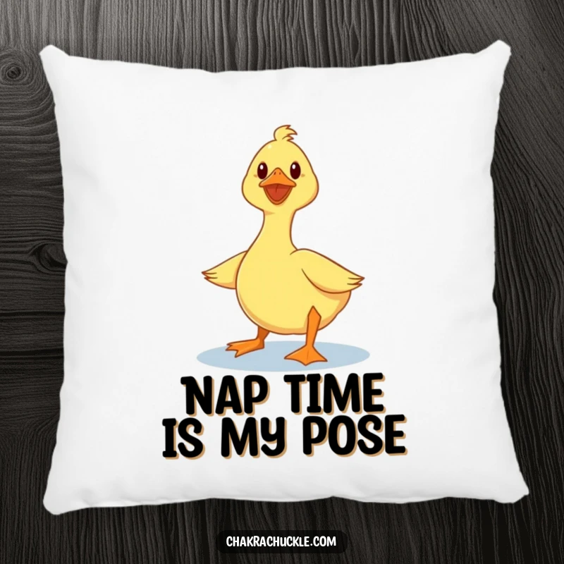 Funny duck pillow featuring a wobbly duck humorously trying a lotus yoga pose, offering comfort and a comedic visual.