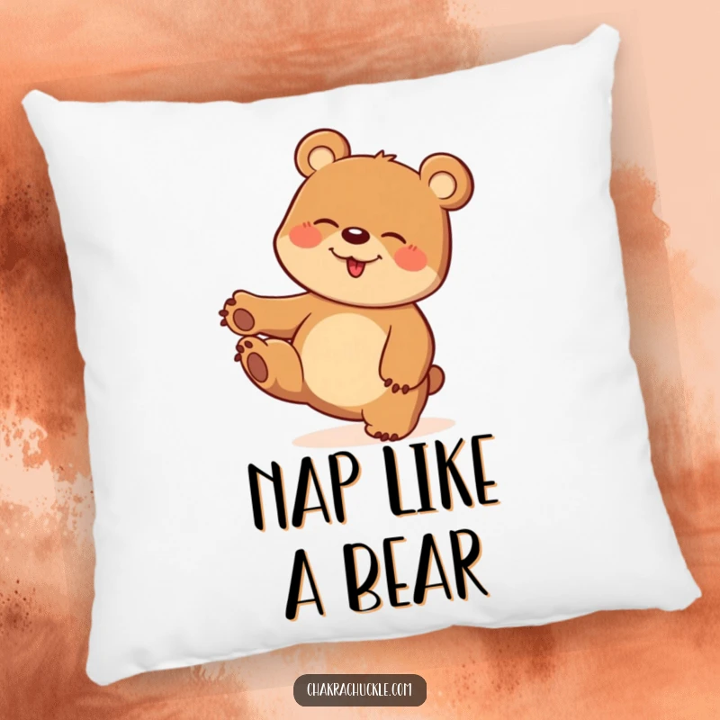 Funny pillow design of a happy bear giggling while balancing precariously on one paw in a playful twist.