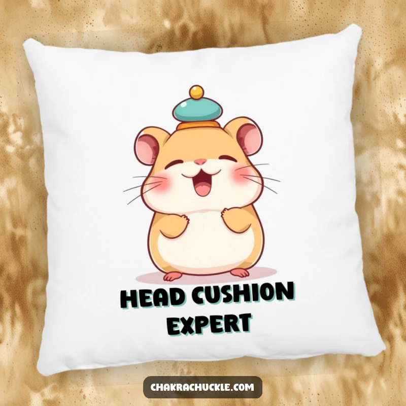 Funny pillow featuring a giggling hamster balancing a tiny meditation cushion on its head, offering humorous softness and comfort.