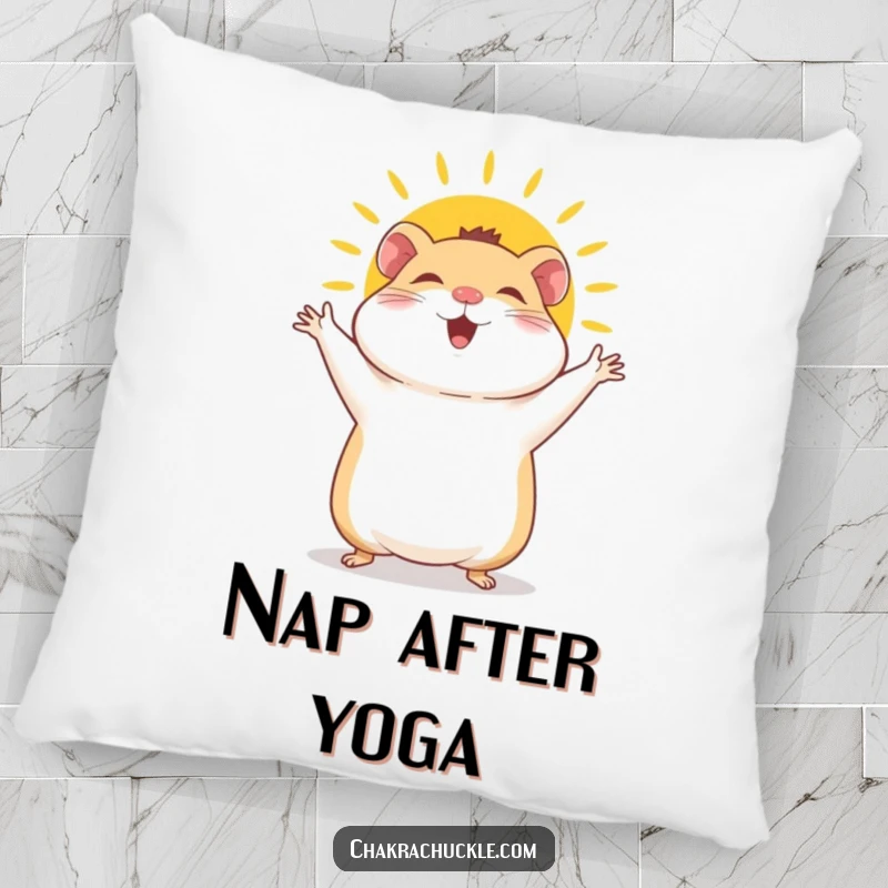 Funny Hamster Pillow: A giggly hamster joyfully performs a sun salutation, arms waving with boundless, cheerful energy and a bright smile.