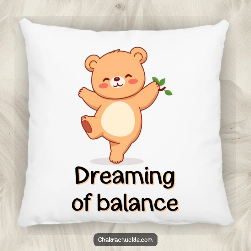 Funny Kawaii Bear Yoga Pillow, a cute giggling bear balancing in a tree pose, soft and humorous home decor gift.