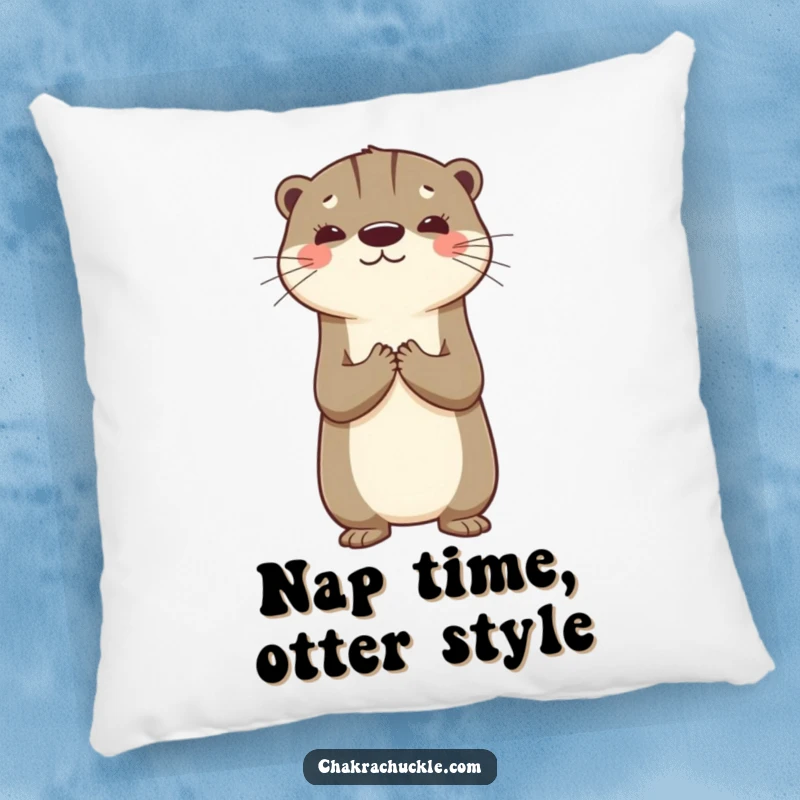 Funny pillow showcasing a cute otter balancing on its back, hands in gratitude pose, offering comfort and a smile.