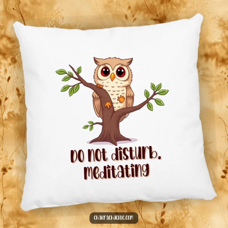 Funny owl yoga pillow featuring a curious owl wobbling in tree pose, offering comfort and a humorous nod to the yoga journey.