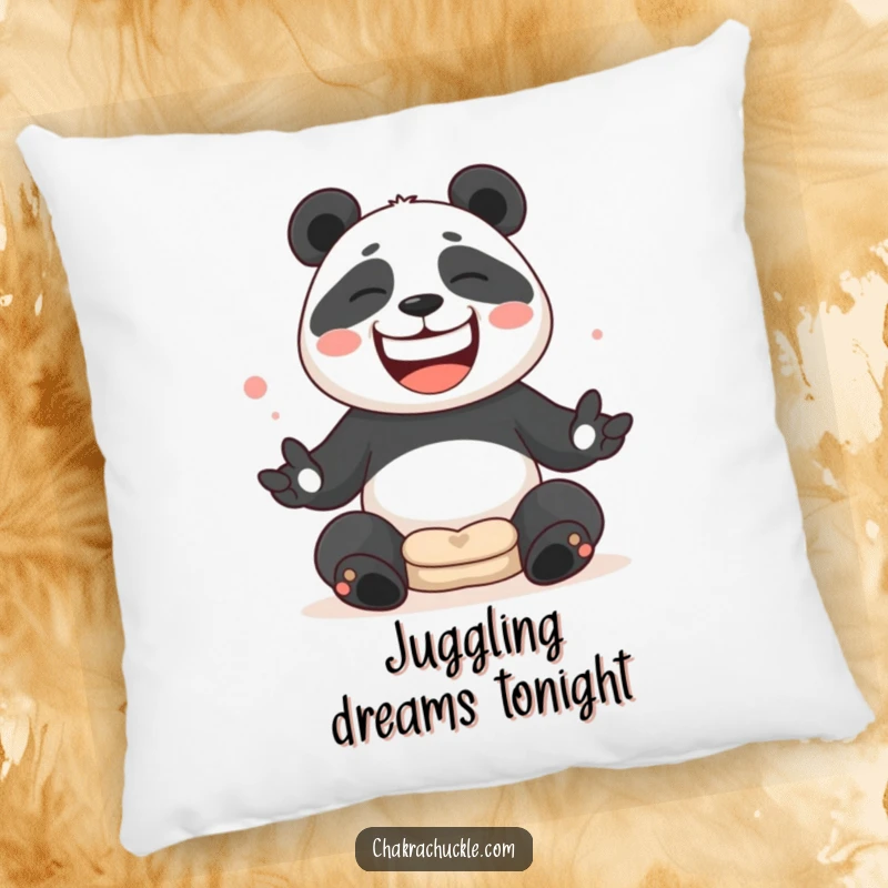 Soft funny Panda juggling meditation cushions with a wide, silly grin on a comfortable pillow.