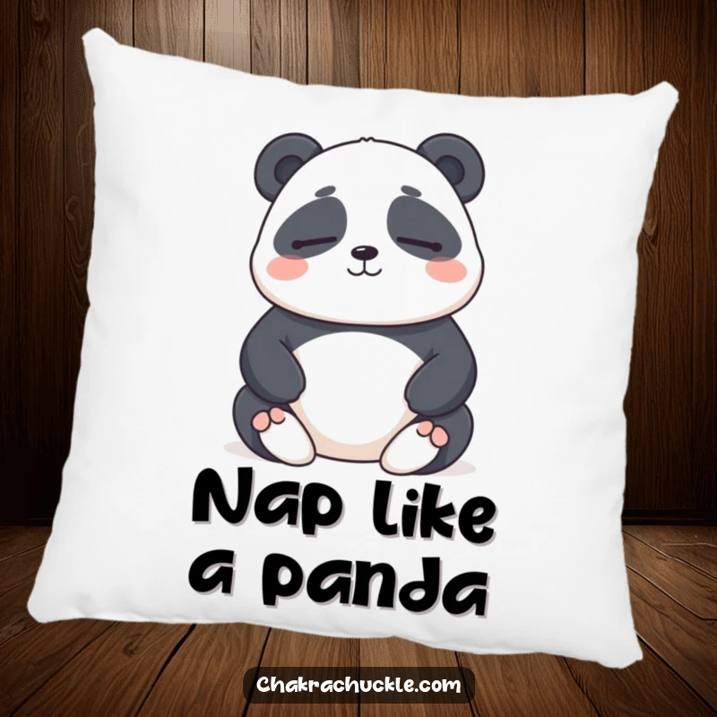 Funny pillow with a chubby panda character meditating with eyes closed and a gentle smile, offering comfort and lighthearted humor.