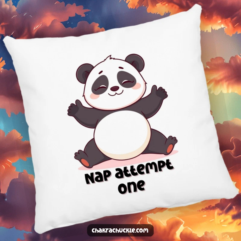 Funny Panda Yoga Pillow: Giggling panda character in a challenging yoga pose, soft and humorous.