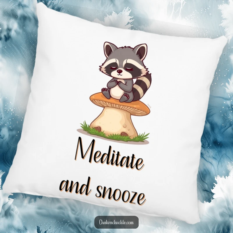 Funny Raccoon Pillow: A mischievous raccoon meditates serenely on a giant mushroom, eyes twinkling with playful wisdom and a hint of mischief.