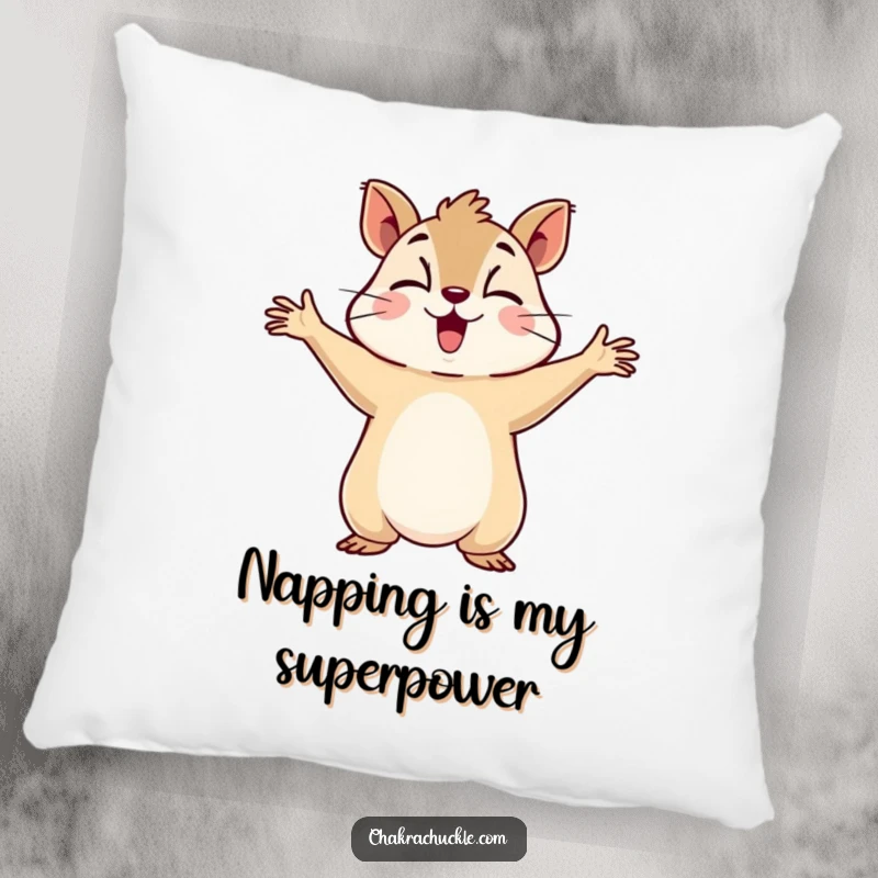 Funny pillow showcasing a determined squirrel holding arms out, breathing deeply, offering a humorous and soft place to rest.