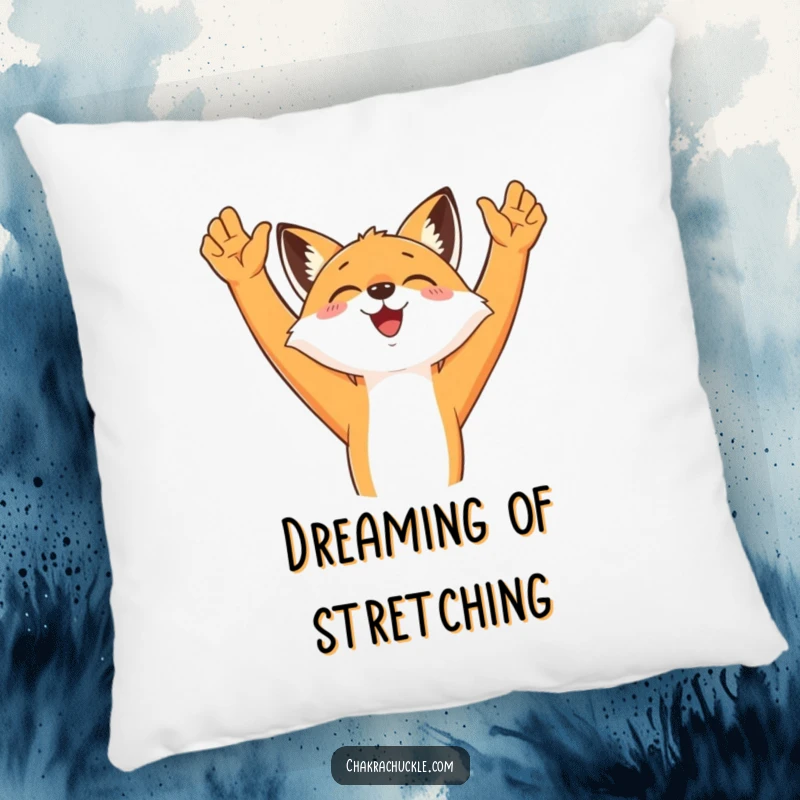 Funny Stretching Fox Pillow showing a joyful fox reaching its arms up, adding a touch of humor and comfort to any seating.