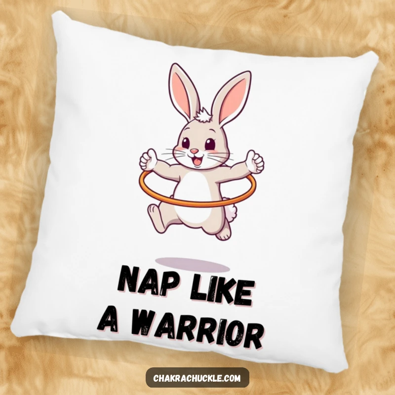 Funny pillow featuring a whimsical bouncy bunny in a warrior pose, mid-hula hoop leap, adding playful decor.