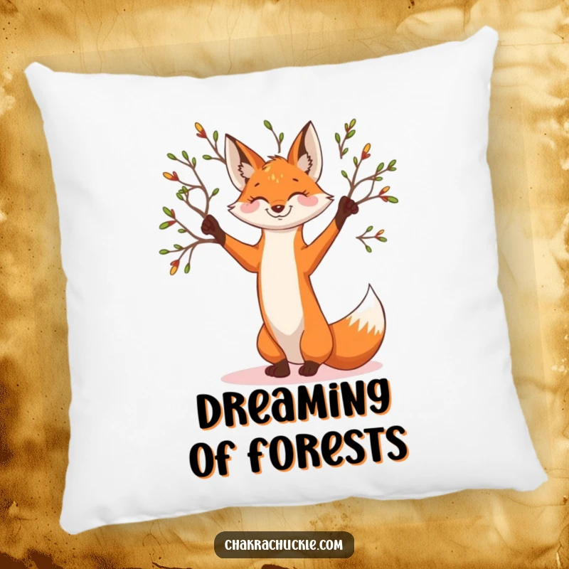 Funny smiling fox pillow in a graceful tree pose, branches reaching out, offering soft woodland comfort.