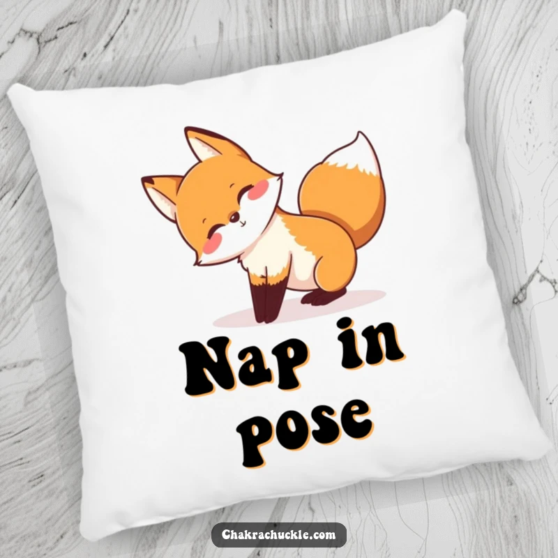 Funny pillow showing a playful fox stretching in a downward-facing dog pose, tail wagging, offering comfort and fun.