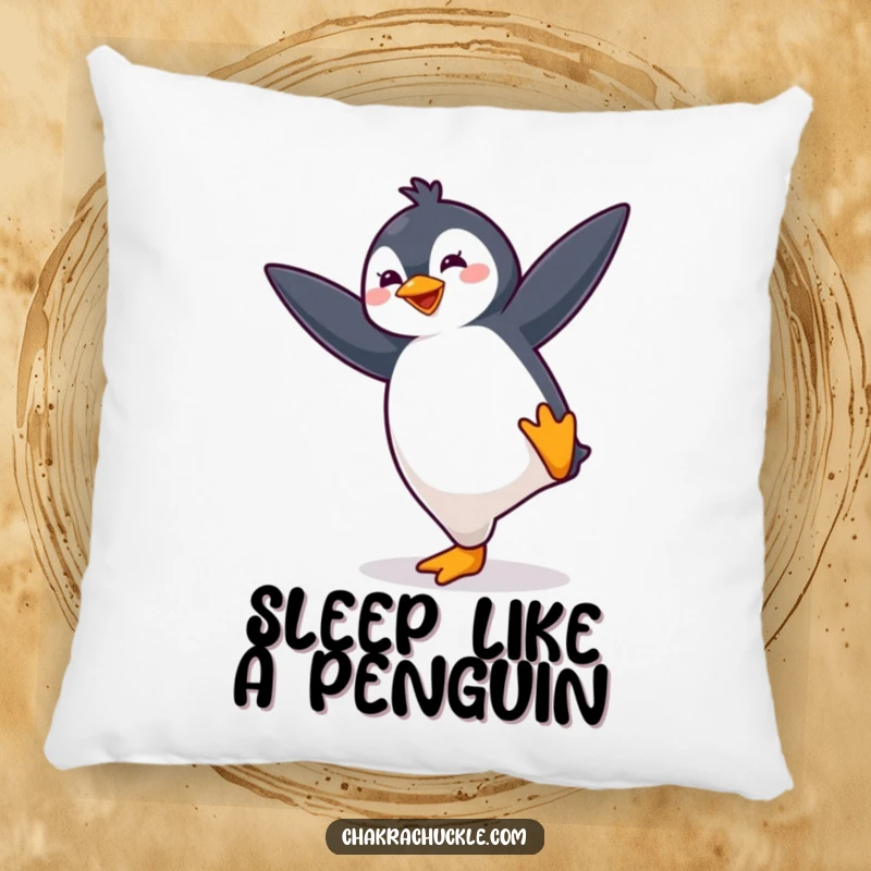 Funny kawaii penguin pillow with a cute, bouncing penguin energetically striking a yoga balance pose, offering playful comfort.