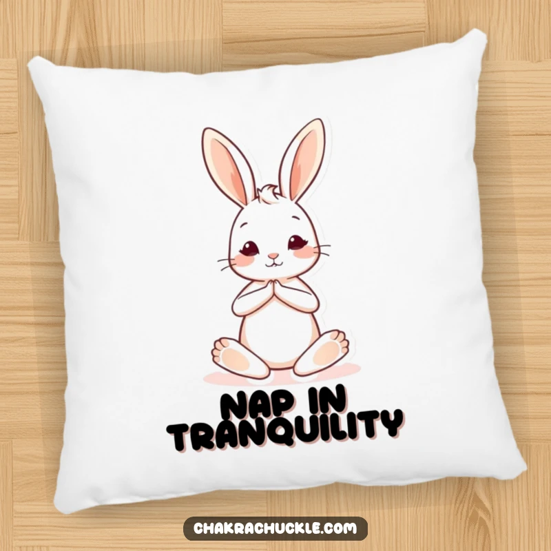 Funny pillow with a cute yoga bunny character in a seated pose, one leg extended, offering comfort and gentle automotive humor.