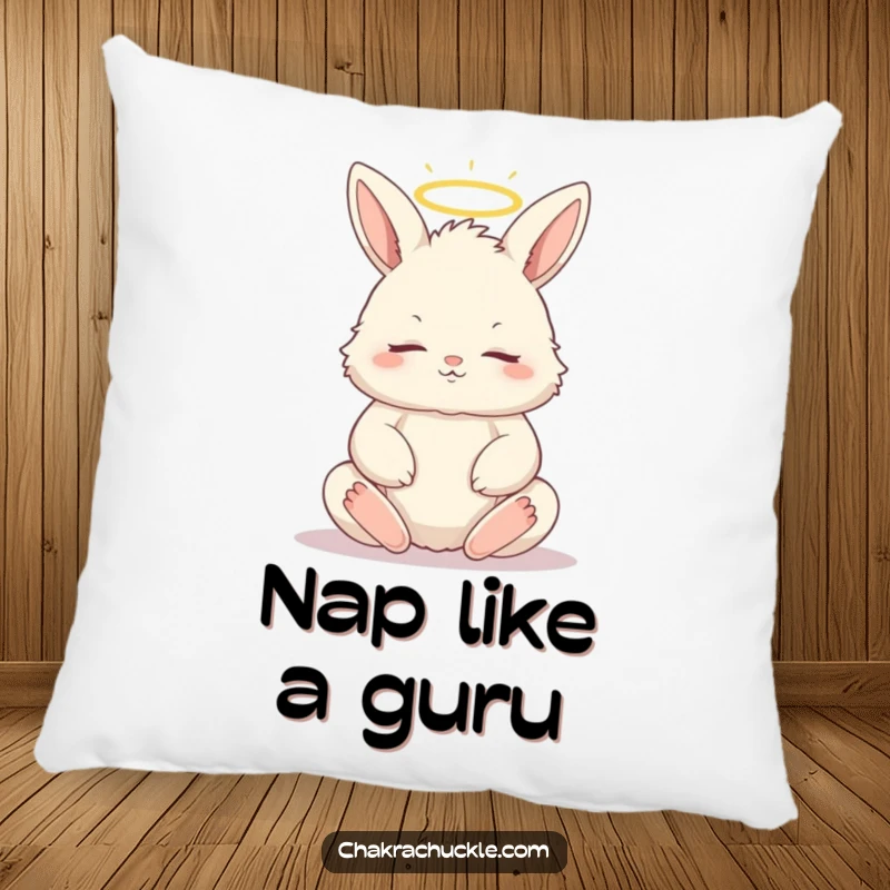 Funny pillow showing a fluffy bunny meditating peacefully in a lotus pose, eyes closed, with a small halo.