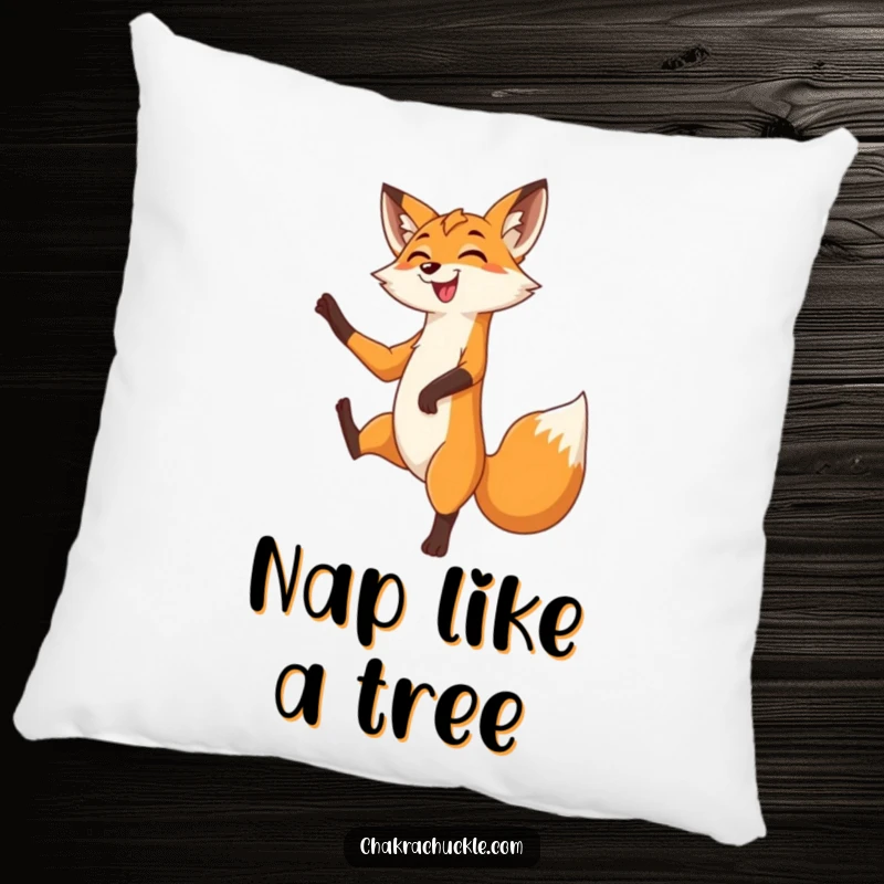 Funny Fox Pillow: A grinning fox gracefully balances in a tree pose, one leg lifted with playful poise and a sly smile.