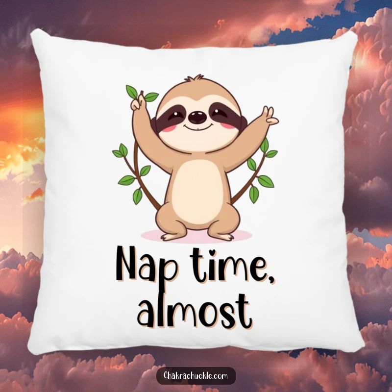Funny sloth pillow, character in tree pose, determined focus, soft and calming, giftable.