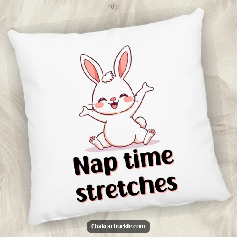 Funny Kawaii Bunny Yoga Pillow, a cute bunny happily stretching in a downward dog pose, soft and humorous home decor gift.