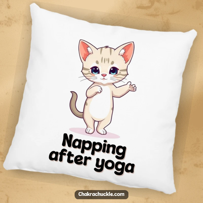 Funny Kitten Yoga Pillow with a wobbly cat in Tree Pose, offering plush comfort and humorous art.