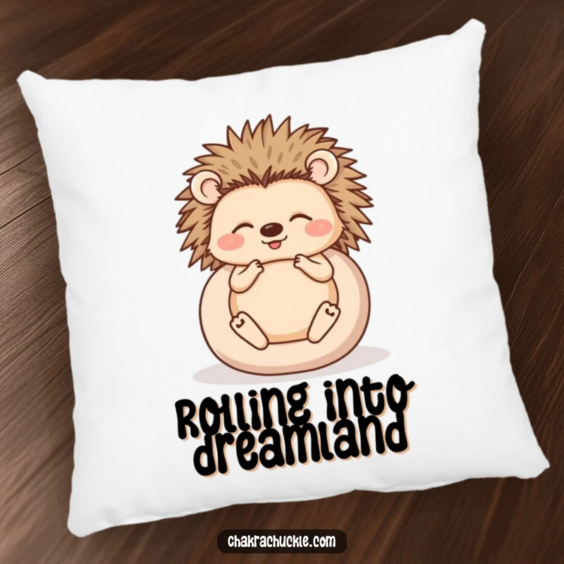 Funny pillow featuring a happy hedgehog meditating, perfectly rolled into a ball, offering humorous softness and comfort.