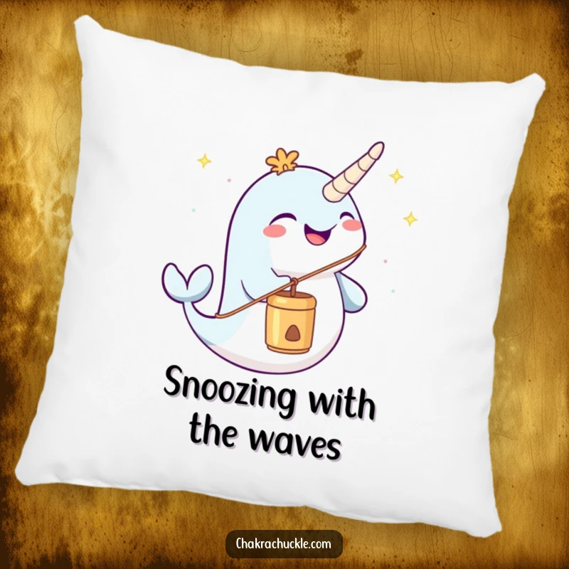 Funny narwhal pillow joyfully blowing a meditation chime, providing cozy comfort and peaceful humor.