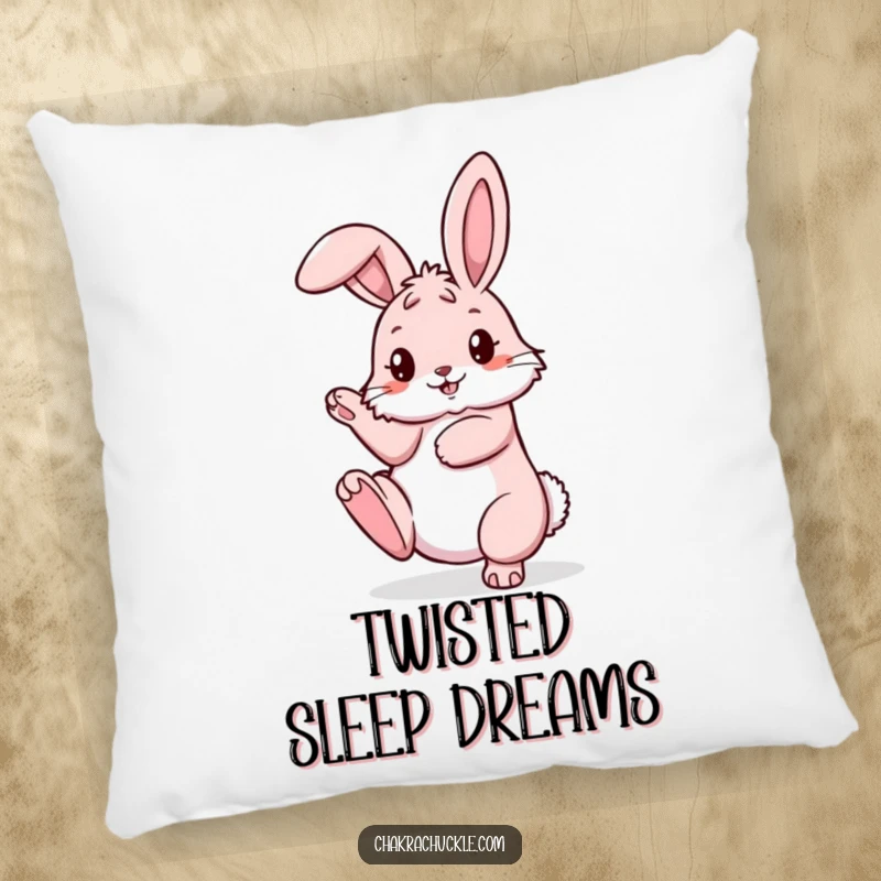 Funny pink bunny pillow in a pretzel yoga position with one leg raised, offering soft, flexible comfort.